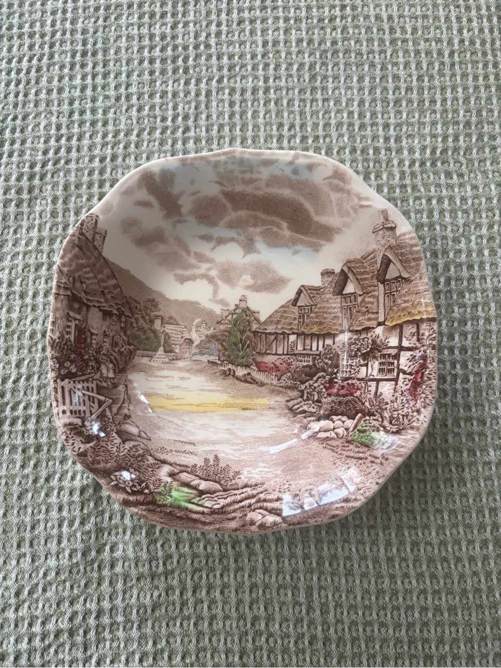 Vintage Johnson Brothers Scenic Cottage  Dish in Brown, Cream & Green Accents